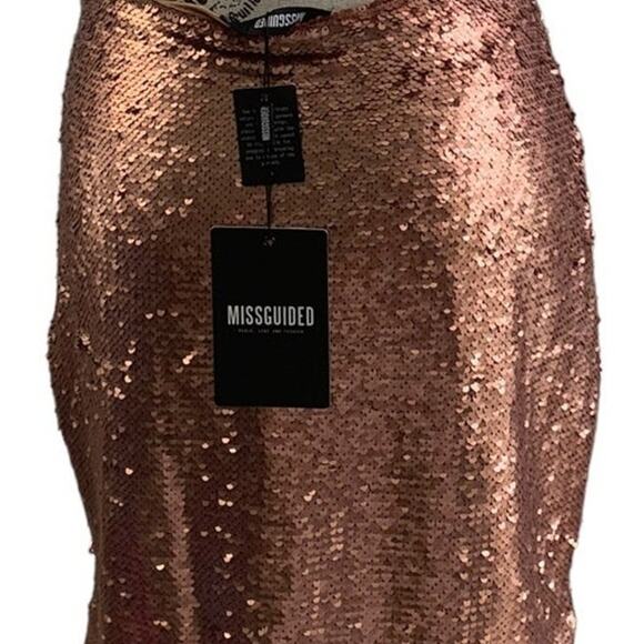 Y2K Futuristic Sequin Bodycon Mini Skirt Women's Size 6 Rose Gold Side Zip NEW - Picture 6 of 7